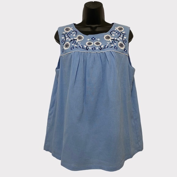Boden Blue & White Embroidered Sleeveless Top Size 10 - Picture 1 of 8